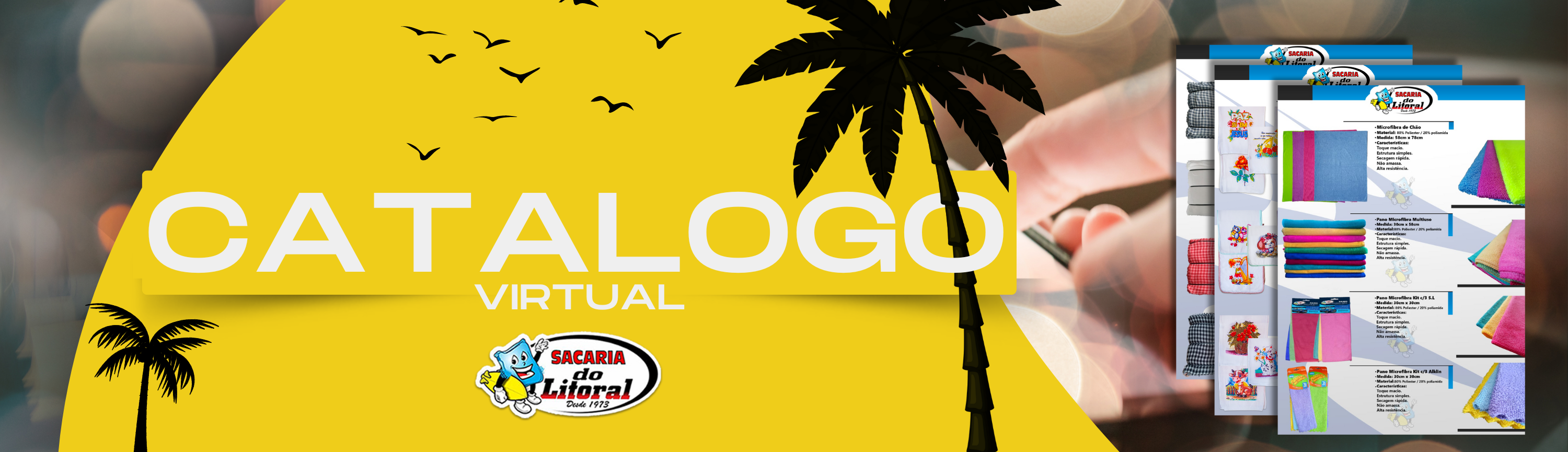 A imagem exibe um design gráfico para um “CATÁLOGO VIRTUAL” com elementos tropicais como palmeiras e pássaros, sugerindo que seja relacionado a uma praia ou local de temática similar.