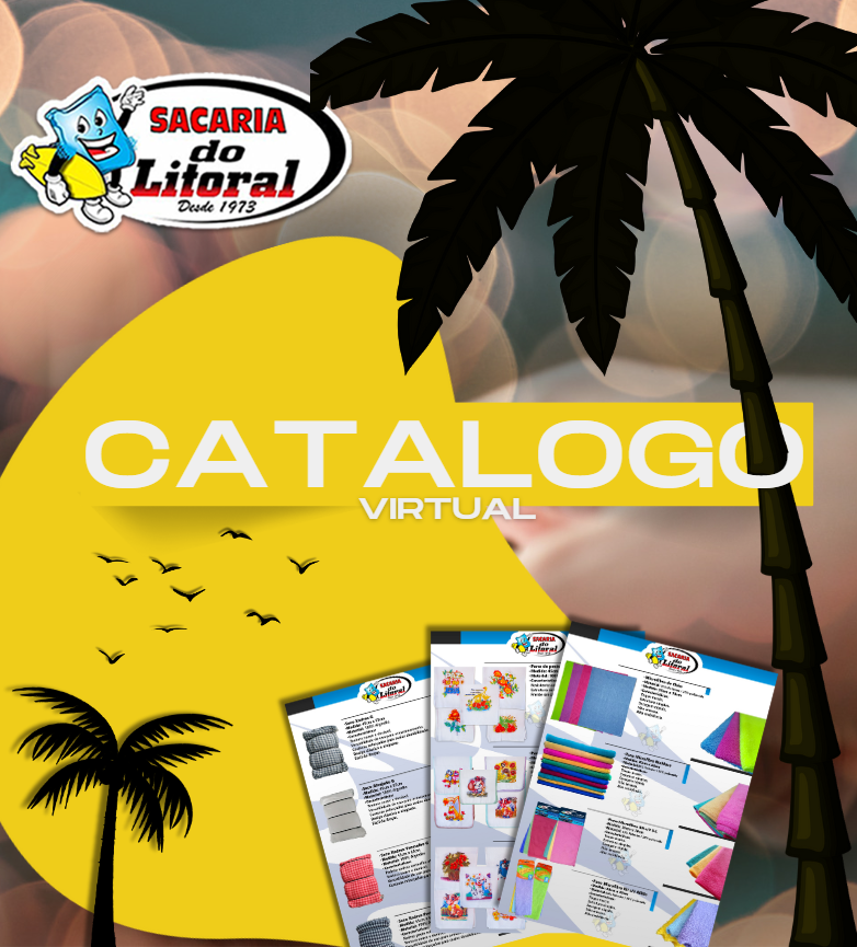 A imagem exibe um design gráfico para um “CATÁLOGO VIRTUAL” com elementos tropicais como palmeiras e pássaros, sugerindo que seja relacionado a uma praia ou local de temática similar.