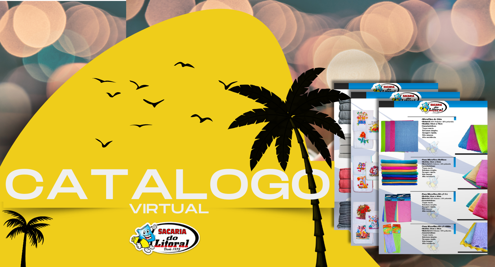 A imagem exibe um design gráfico para um “CATÁLOGO VIRTUAL” com elementos tropicais como palmeiras e pássaros, sugerindo que seja relacionado a uma praia ou local de temática similar.